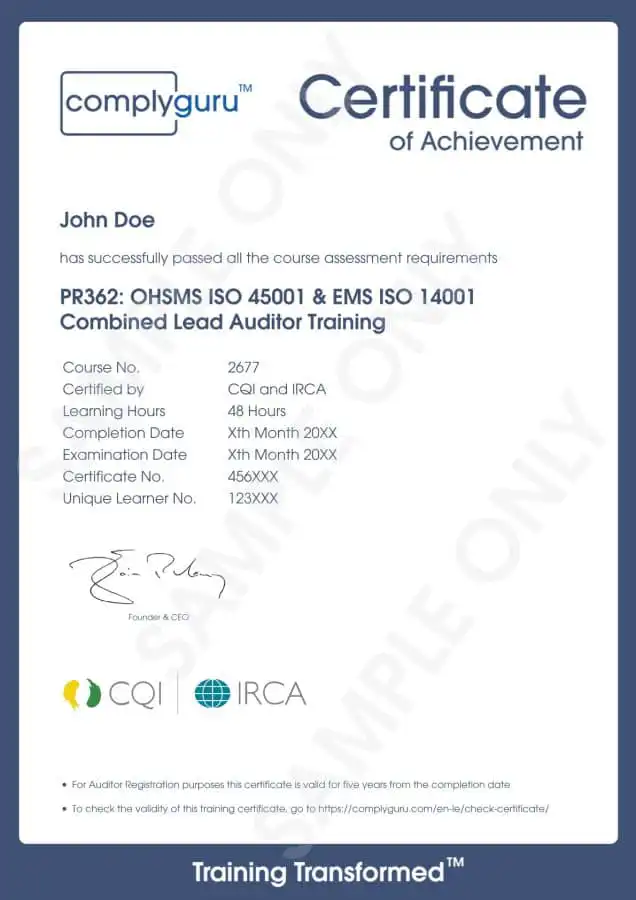 Sample Certificate of ISO 14001 and ISO 45001 Lead Auditor Training for Environmental, Health and Safety Management Systems (EHS)