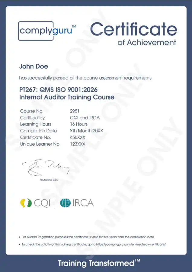 Sample Certificate of ISO 9001 Internal Auditor Training for Quality Management Systems (QMS)