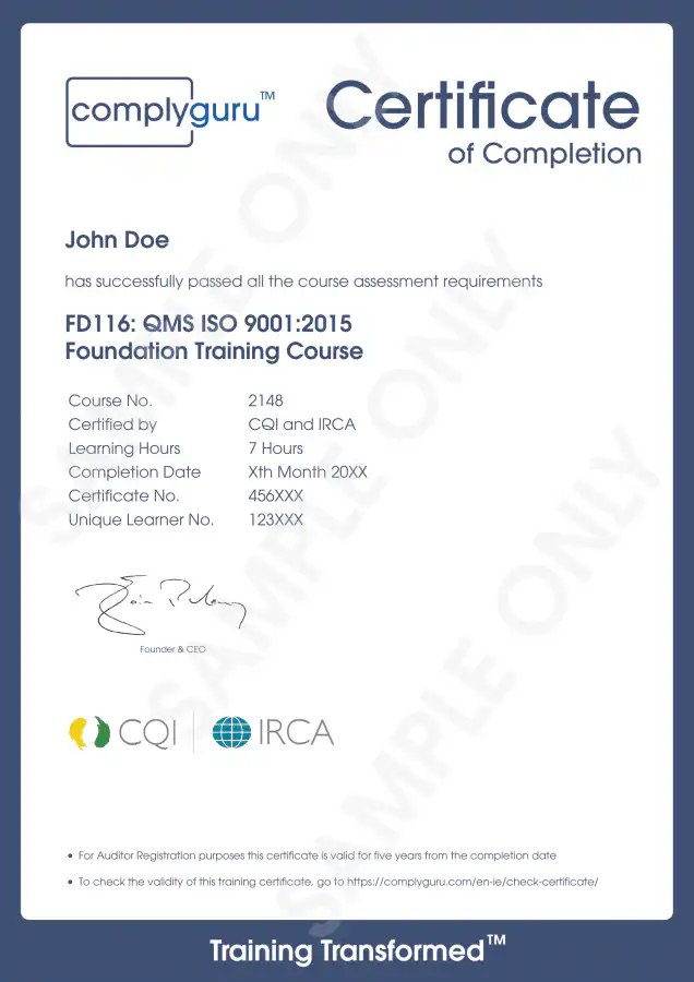 Sample Certificate of ISO 9001 Requirements for Practitioners and Auditors
