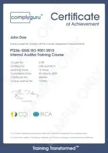 Sample Certificate of ISO 9001 Internal Auditor Training for Quality Management Systems (QMS)