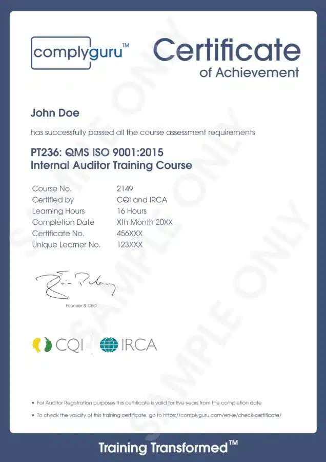 Sample Certificate of ISO 9001 Internal Auditor Training for Quality Management Systems (QMS)