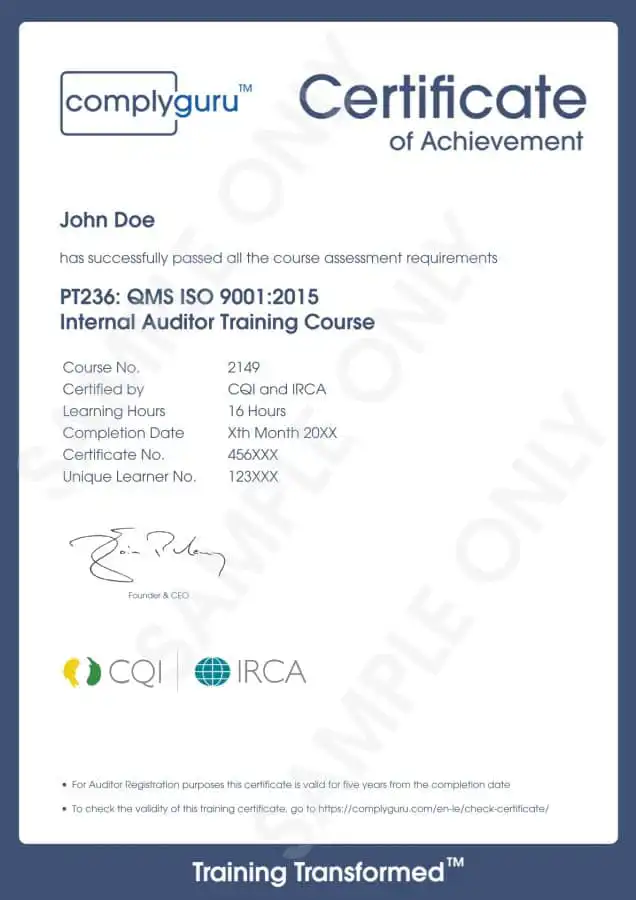 Sample Certificate of ISO 9001 Internal Auditor Training for Quality Management Systems (QMS)