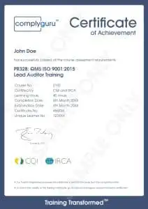 Sample Certificate of ISO 9001 Lead Auditor Training for Quality Management Systems (QMS)