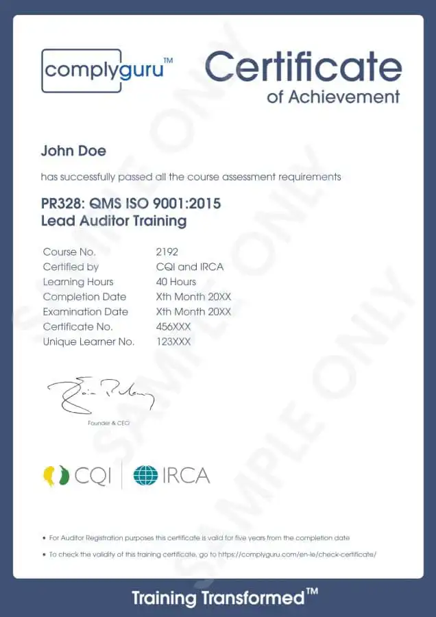 Sample Certificate of ISO 9001 Lead Auditor Training for Quality Management Systems (QMS)
