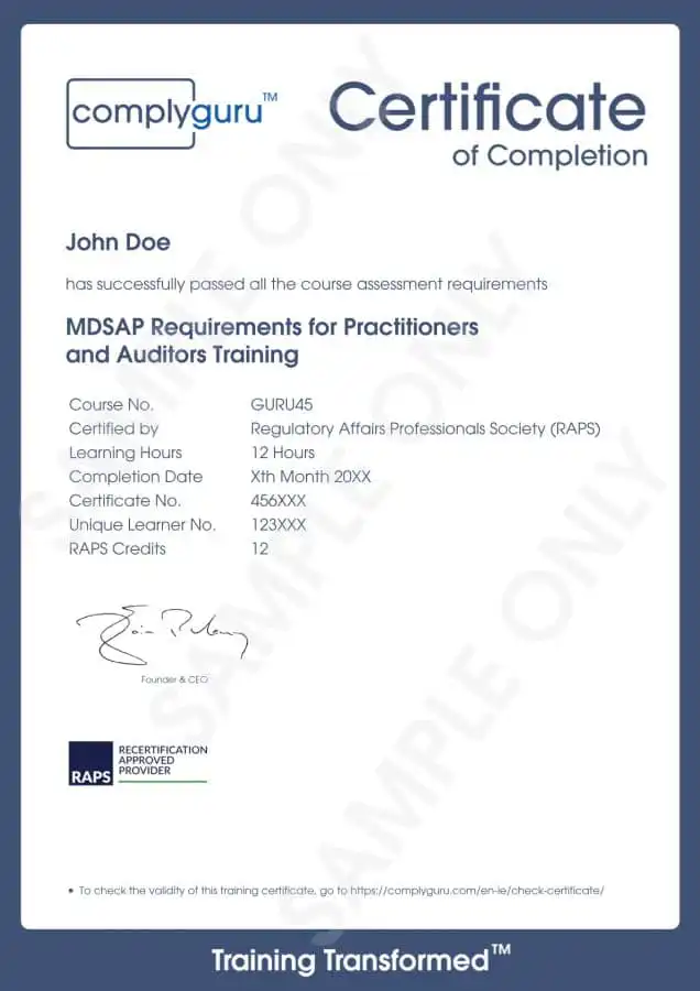 Sample Certificate of MDSAP Requirements for Practitioners and Auditors