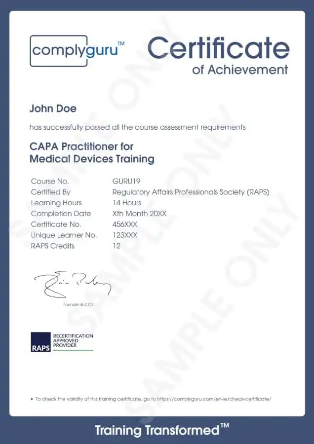 Sample Certificate of CAPA Practitioner for Medical Devices Training