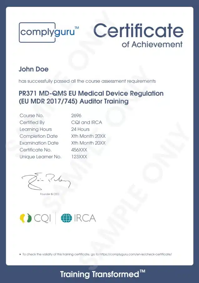 Sample Certificate of EU MDR Lead Auditor Training for the European Medical Device Regulation (2017/745)