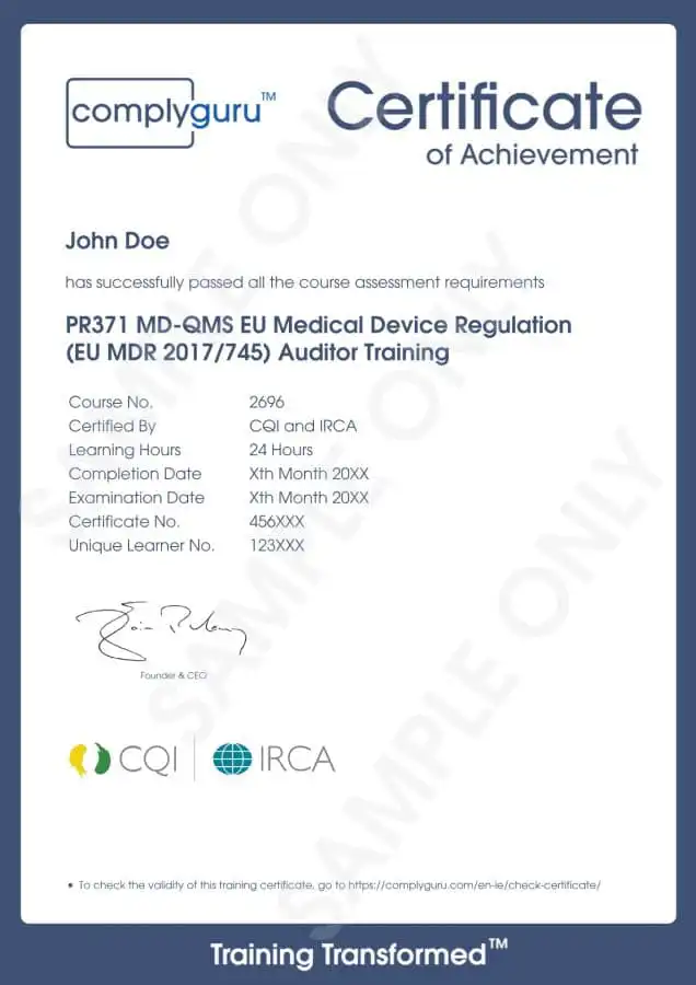 Sample Certificate of EU MDR Lead Auditor Training for the European Medical Device Regulation (2017/745)