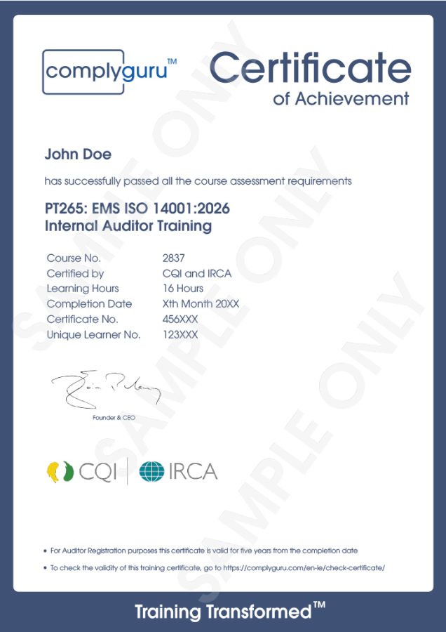 Sample Certificate of ISO 14001 Internal Auditor Training for Environmental Management Systems (EMS)