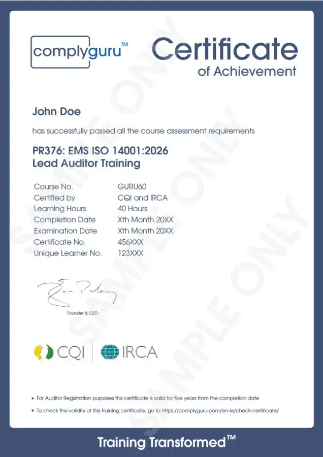 Sample Certificate of ISO 14001 Lead Auditor Training for Environmental Management Systems (EMS)