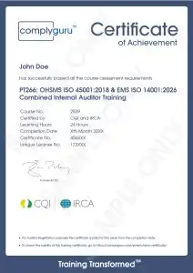 Sample Certificate of ISO 14001 and ISO 45001 Internal Auditor Training for Environmental, Health and Safety Management Systems (EHS)