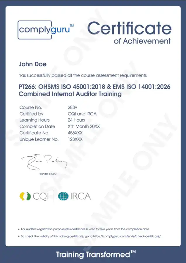 Sample Certificate of ISO 14001 and ISO 45001 Internal Auditor Training for Environmental, Health and Safety Management Systems (EHS)