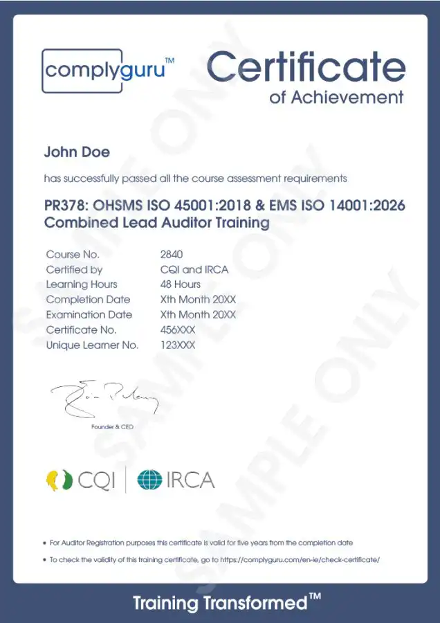 Sample Certificate of ISO 14001 and ISO 45001 Lead Auditor Training for Environmental, Health and Safety Management Systems (EHS)