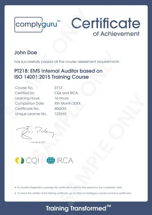 Sample Certificate of ISO 14001 Internal Auditor Training for Environmental Management Systems (EMS)