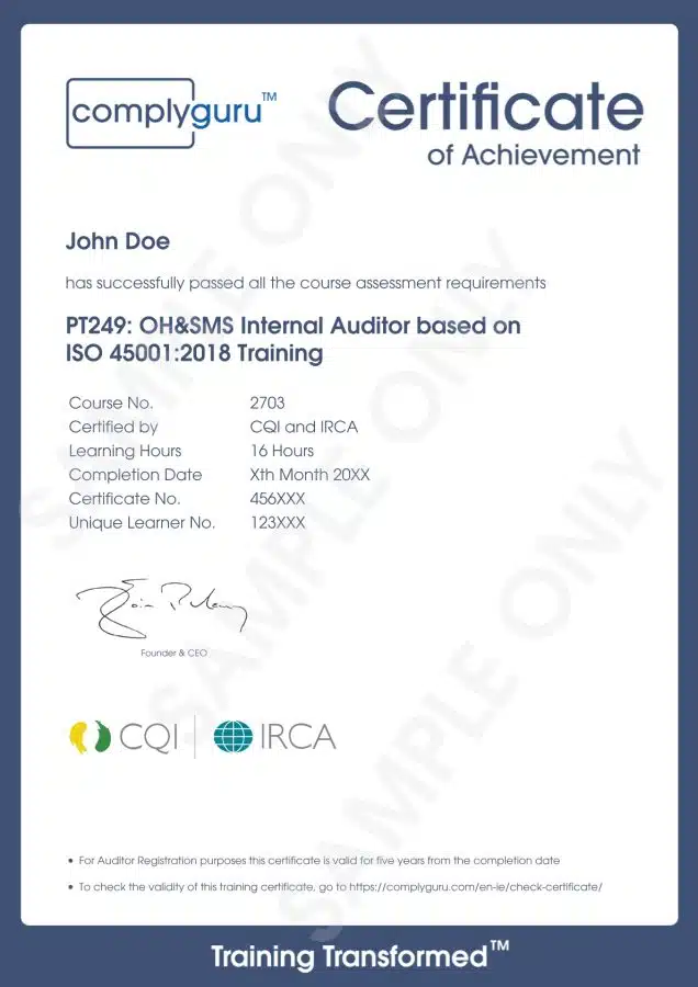 Sample Certificate of ISO 45001 Internal Auditor Training for Occupational Health and Safety Management Systems (OHSMS)