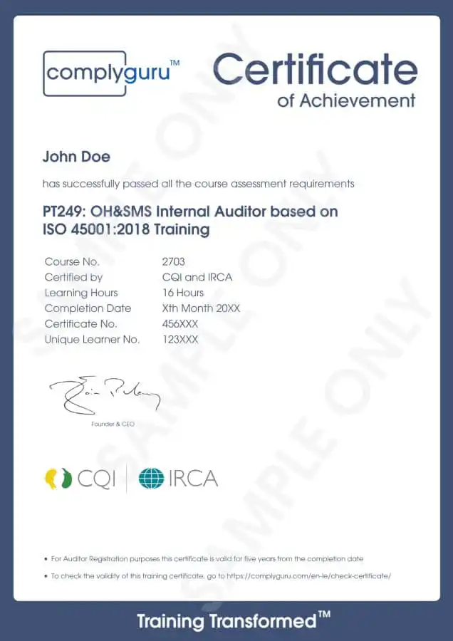 Sample Certificate of ISO 45001 Internal Auditor Training for Occupational Health and Safety Management Systems (OHSMS)
