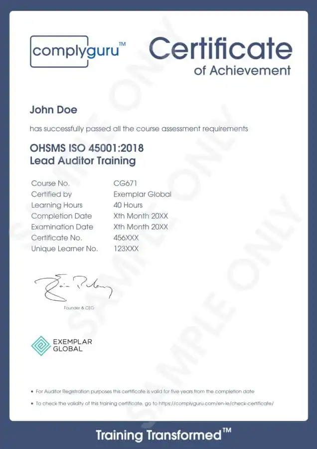 Sample Certificate of ISO 45001 Lead Auditor Training for Occupational Health and Safety Management Systems (OHSMS)
