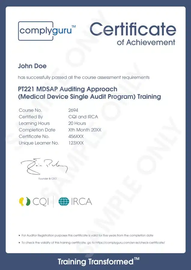 Sample Certificate of MDSAP Auditor Skills Training