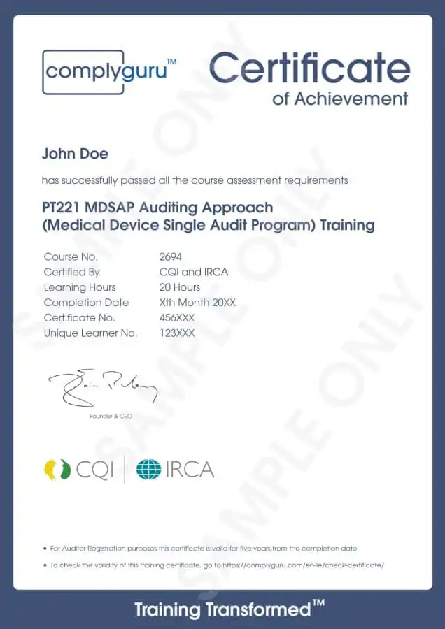 Sample Certificate of MDSAP Auditor Training