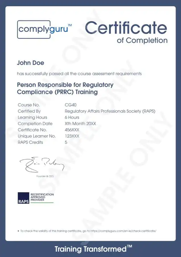 Sample Certificate of Person Responsible for Regulatory Compliance (PRRC) Training