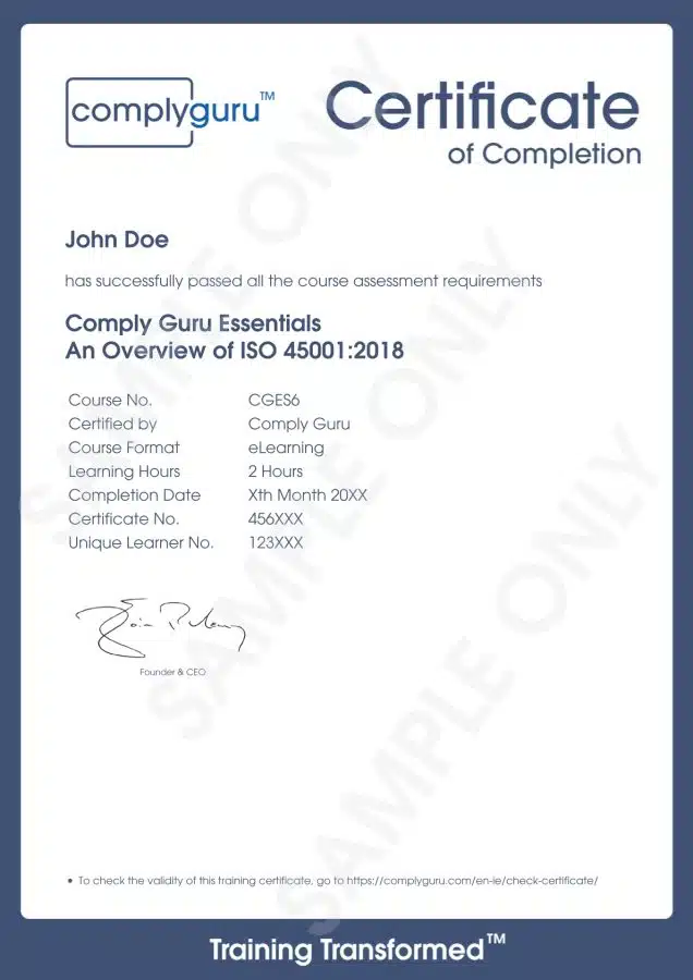 Sample Certificate of ISO 45001 Essentials Training Sample Certificate of ISO 45001 Essentials Training