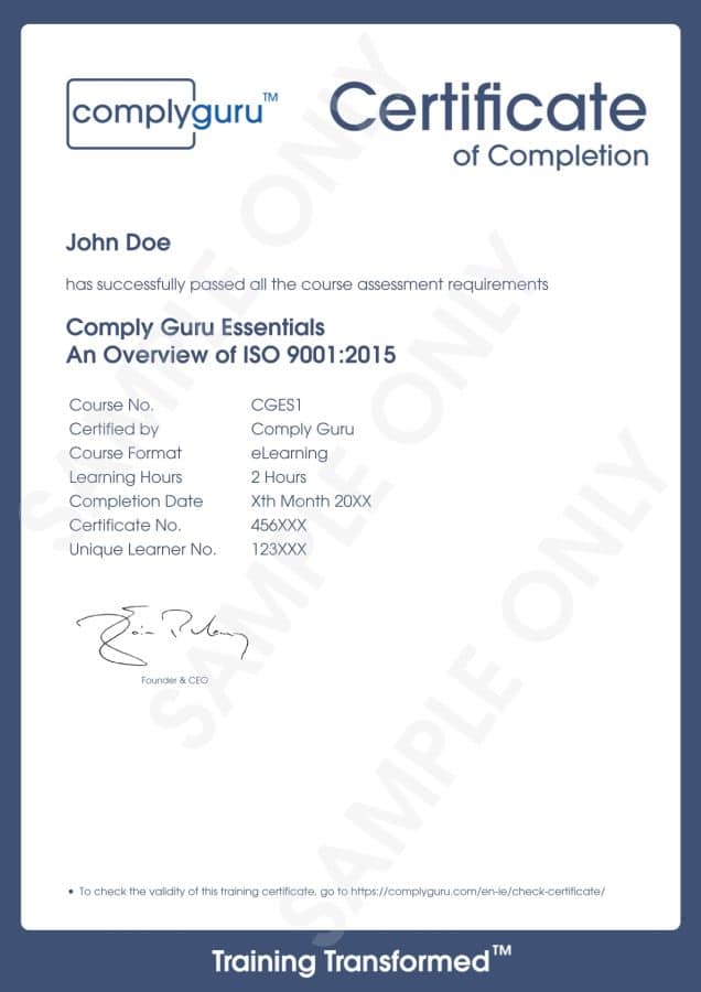 Sample Certificate of ISO 9001 Essentials Training Sample Certificate of ISO 9001 Essentials Training