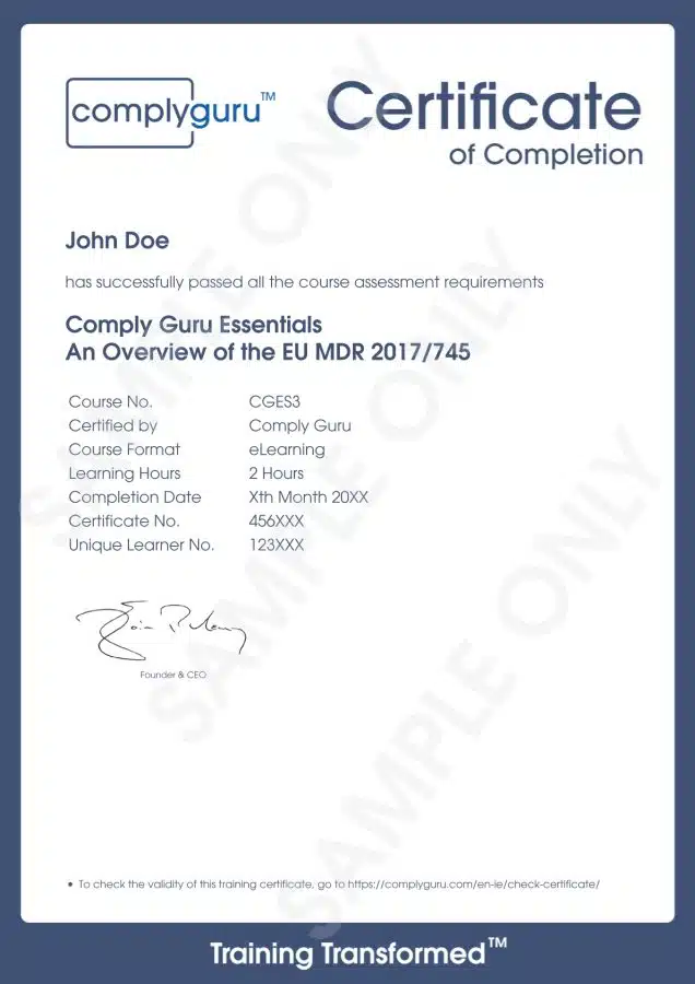 Sample Certificate of EU MDR 2017/745 Essentials Training Sample Certificate of EU MDR 2017/745 Essentials Training