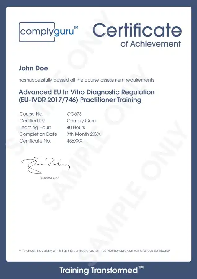 Sample Certificate of Advanced EU IVDR Practitioner Training