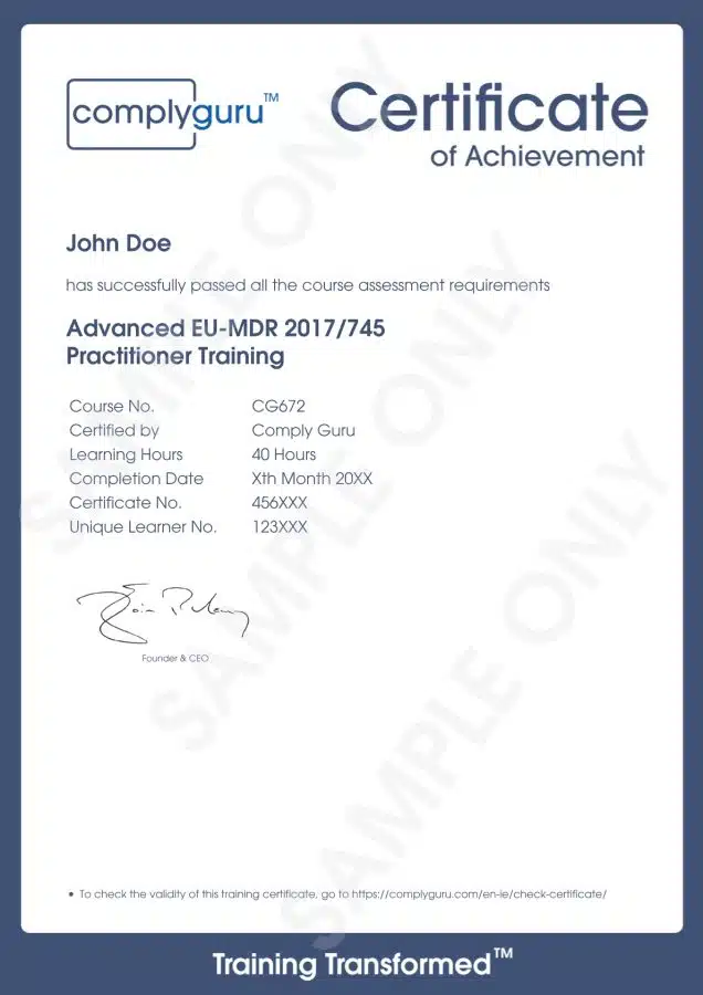Sample Certificate of Advanced EU MDR Practitioner Training Sample Certificate of Advanced EU MDR Practitioner Training