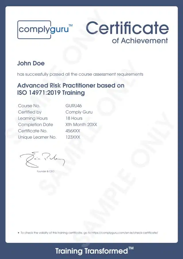 Sample Certificate of Advanced Risk Practitioner (ISO 14971) for Medical Devices
