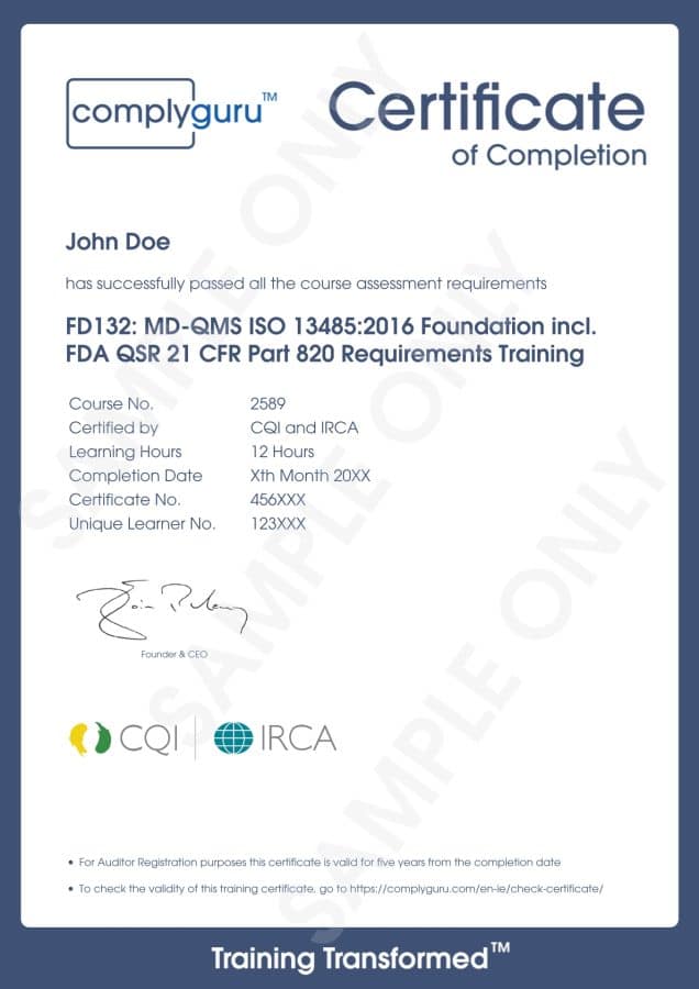 Sample Certificate of ISO 13485 and FDA QSR 21 CFR Part 820 Requirements for Practitioners and Auditors Sample Certificate of ISO 13485 and FDA QSR 21 CFR Part 820 Requirements for Practitioners and Auditors
