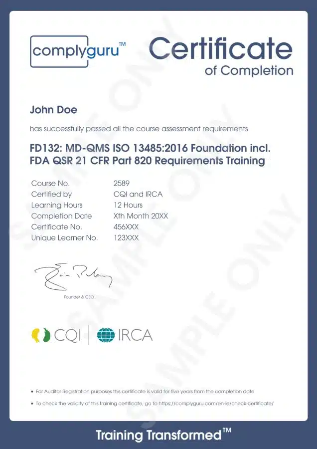 Sample Certificate of ISO 13485 and FDA QSR 21 CFR Part 820 Foundation for Practitioners and Auditors