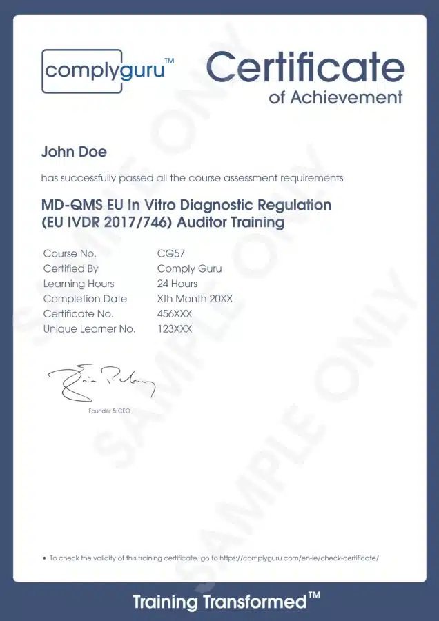 Sample Certificate of EU IVDR Auditor Training for the European In Vitro Diagnostic Regulation (2017/746)