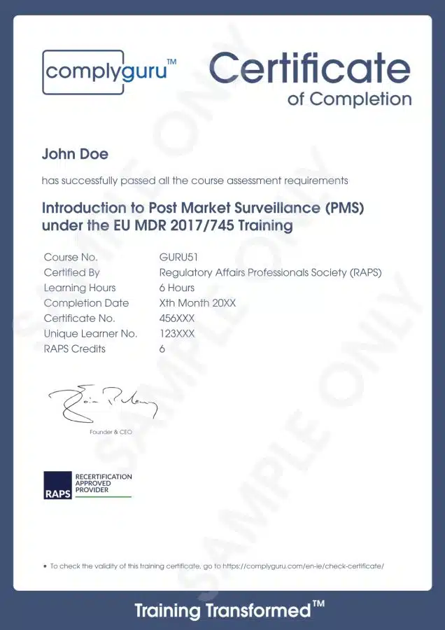 Sample Certificate of Introduction to Post Market Surveillance (PMS) Training