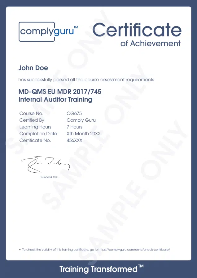 Sample Certificate of EU MDR Internal Auditor Training for the European Medical Device Regulation (2017/745)