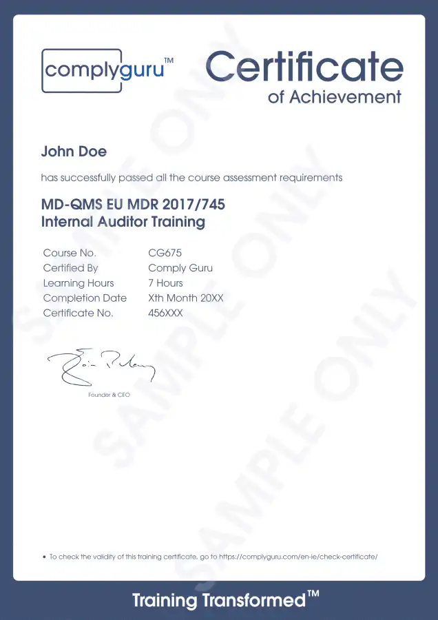 Sample Certificate of EU MDR Internal Auditor Training for the European Medical Device Regulation (2017/745)