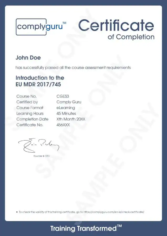 Sample Certificate of Introduction to EU MDR 2017/745 Training