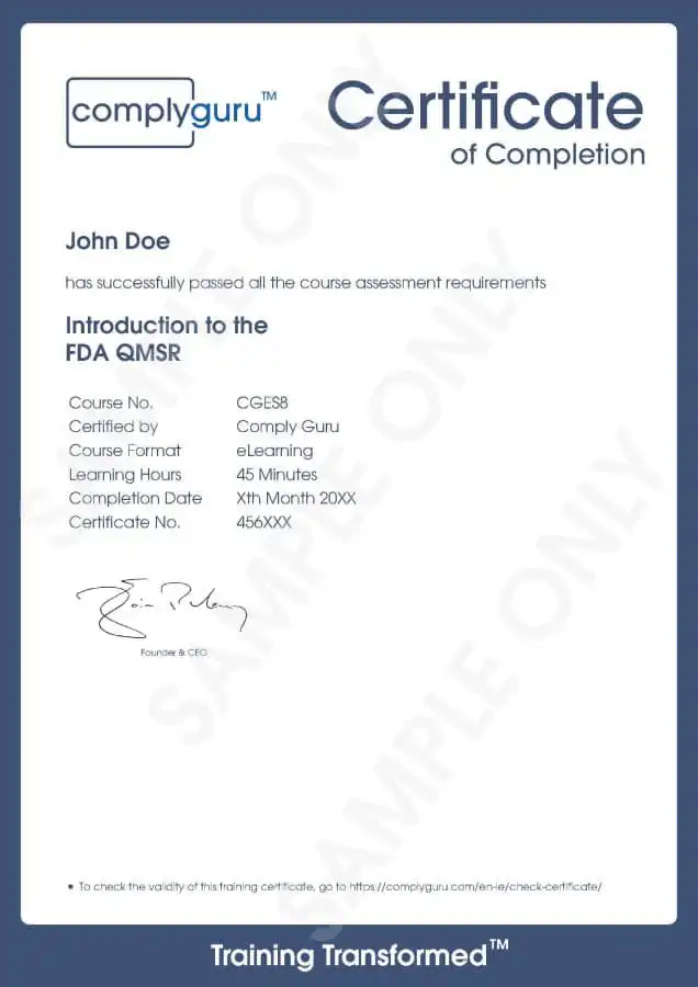 Sample Certificate of Introduction to FDA QMSR Training