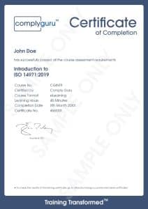 Sample Certificate of Introduction to ISO 14971 Training