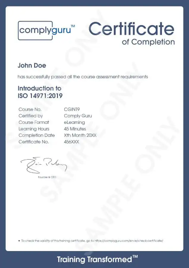 Sample Certificate of Introduction to ISO 14971 Training