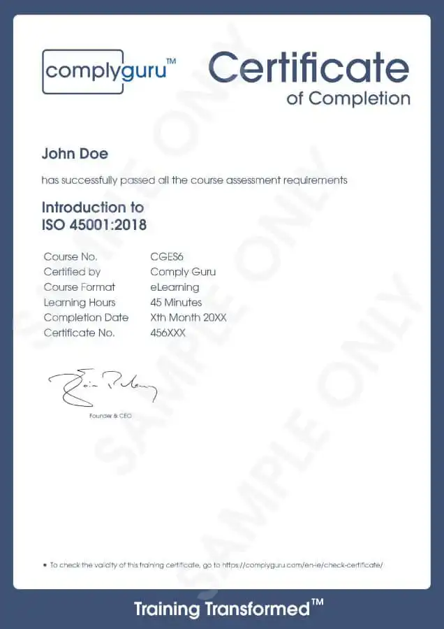 Sample Certificate of Introduction to ISO 45001 Training