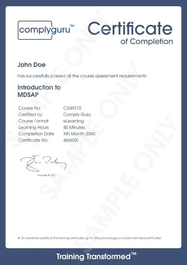 Sample Certificate of Introduction to MDSAP Training