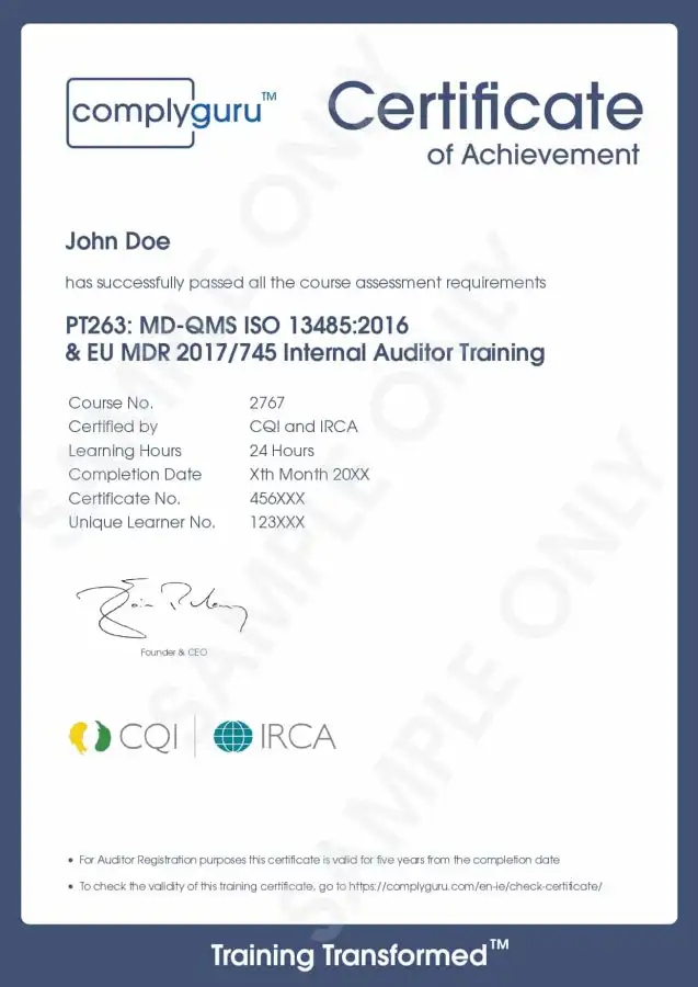 Sample Certificate of ISO 13485 + EU MDR Internal Auditor Training