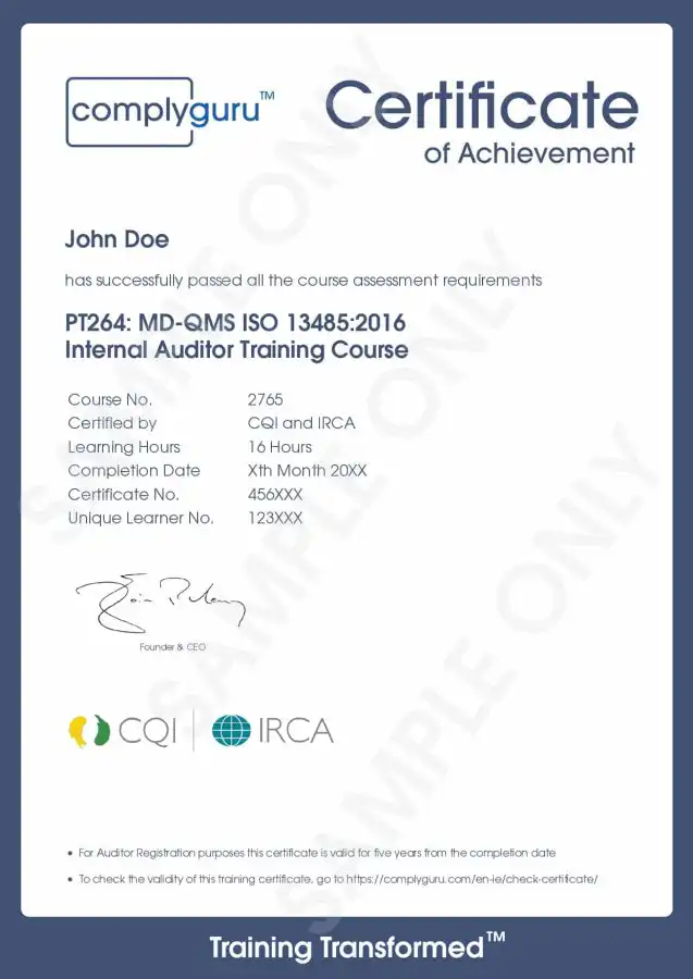 Sample Certificate of ISO 13485 Internal Auditor Training for Medical Device Quality Management Systems (MD-QMS)
